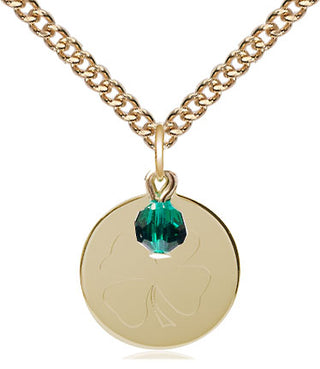 14kt Gold Filled Shamrock Medal with Emerald bead Religious Jewelry