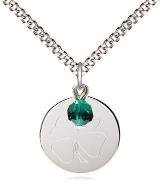 Sterling Silver Shamrock Medal with Emerald bead Religious Jewelry