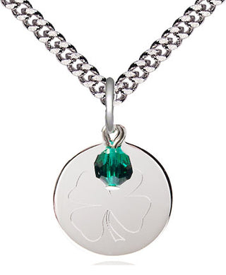 Sterling Silver Shamrock Medal with Emerald bead Religious Jewelry