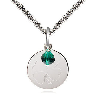 Sterling Silver Shamrock Medal with Emerald bead Religious Jewelry