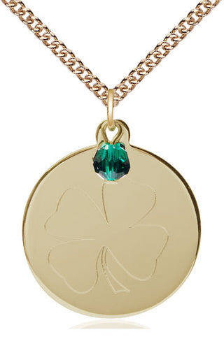 14kt Gold Filled Shamrock Medal with Emerald bead Religious Jewelry