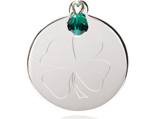 Sterling Silver Shamrock Medal with Emerald bead Religious Jewelry