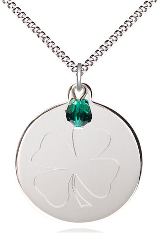 Sterling Silver Shamrock Medal with Emerald bead Religious Jewelry