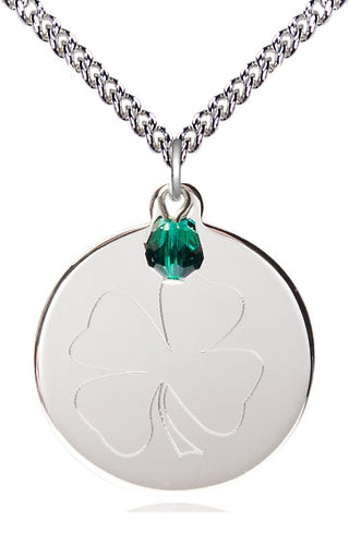 Sterling Silver Shamrock Medal with Emerald bead Religious Jewelry