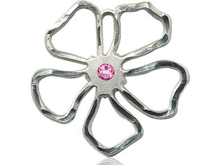 Sterling Silver Five Petal Flower Pendant with a 3mm Rose Swarovski stone on an 18-inch Sterling Silver Light Curb Chain