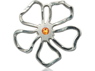 Sterling Silver Five Petal Flower Pendant with a 3mm Topaz Swarovski stone on an 18-inch Sterling Silver Light Curb Chain