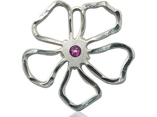 Sterling Silver Five Petal Flower Pendant with a 3mm Amethyst Swarovski stone on an 18-inch Sterling Silver Light Curb Chain