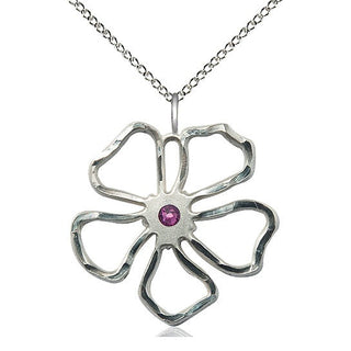 Sterling Silver Five Petal Flower Pendant with 3mm Amethyst Swarovski stone Necklace