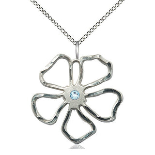 Sterling Silver Five Petal Flower Pendant with 3mm Aqua Swarovski stone Necklace