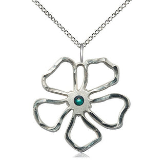 Sterling Silver Five Petal Flower Pendant with 3mm Emerald Swarovski stone Necklace