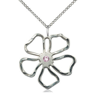 Sterling Silver Five Petal Flower Pendant with 3mm Light Amethyst Swarovski stone Necklace
