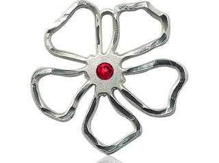 Sterling Silver Five Petal Flower Pendant with a 3mm Ruby Swarovski stone on an 18-inch Sterling Silver Light Curb Chain
