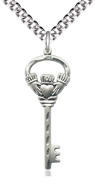 Sterling Silver Key w/Claddagh Medal Catholic Jewelry