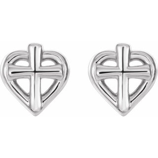 14K White Cross with Heart Youth Earrings   