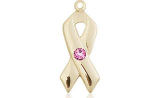 14kt Gold Filled Cancer Awareness Pendant with a 3mm Rose Swarovski stone on an 18-inch Gold Filled Light Curb Chain