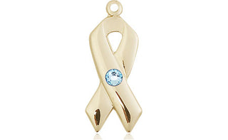 14kt Gold Filled Cancer Awareness Pendant with a 3mm Aqua Swarovski stone on an 18-inch Gold Filled Light Curb Chain