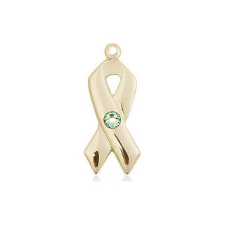 14kt Gold Cancer Awareness Medal with a 3mm Peridot Swarovski stone