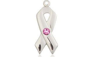 Sterling Silver Cancer Awareness Pendant with a 3mm Rose Swarovski stone on an 18-inch Sterling Silver Light Curb Chain