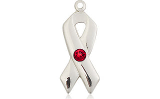 Sterling Silver Cancer Awareness Pendant with a 3mm Ruby Swarovski stone on an 18-inch Sterling Silver Light Curb Chain