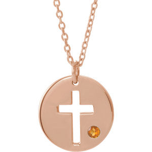 14K Rose Citrine Pierced Cross Disc 16-18" Necklace