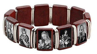 Madonna Cherry Wood Stretch Bracelet - Silver Spacers -Sepia