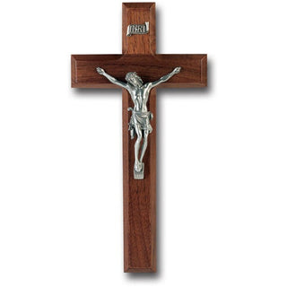 10" Walnut Wood Cross With Pewter Corpus