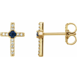 14K Yellow Lab-Grown Blue Sapphire & .05 CTW Natural Diamond Cross Earrings