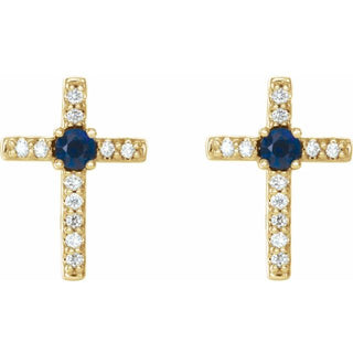 14K Yellow Natural Blue Sapphire & .05 CTW Natural Diamond Cross Earrings