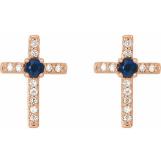 14K Rose Natural Blue Sapphire & .05 CTW Natural Diamond Cross Earrings