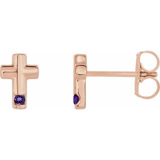 14K Rose Natural Amethyst Cross Earrings