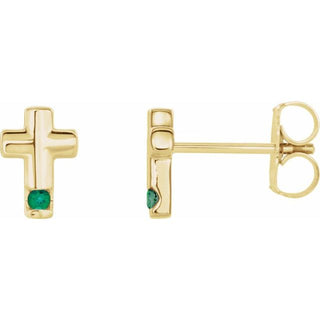 14K Yellow Lab-Grown Emerald Cross Earrings