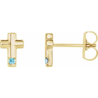 14K Yellow Natural Blue Zircon Cross Earrings