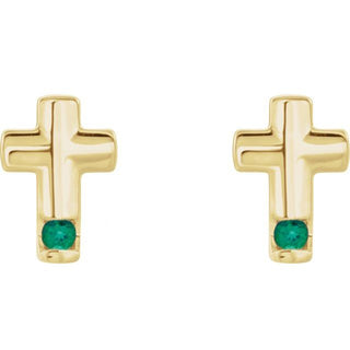 14K Yellow Natural Emerald Cross Earrings