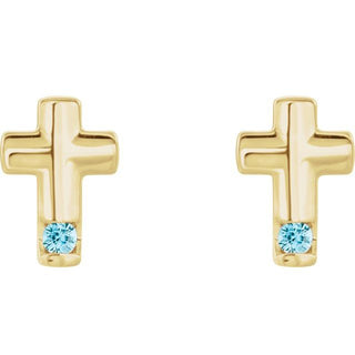 14K Yellow Natural Blue Zircon Cross Earrings