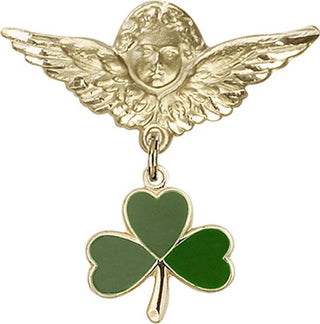14kt Gold Filled Large Angel w/Wings Shamrock Baby Badge