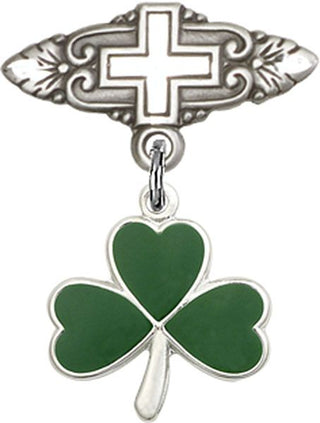 Sterling Silver Badge Pin With Cross Shamrock Baby Badge