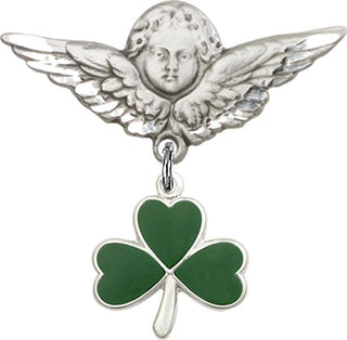 Sterling Silver Large Angel w/Wings Shamrock Baby Badge