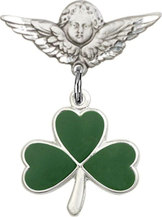 Sterling Silver Small Angel w/Wings Shamrock Baby Badge