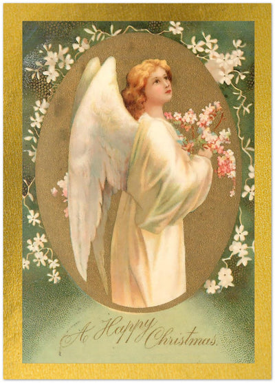 Angel with Pink Blossoms in Floral Oval Foil Christmas Cards, Set of 10