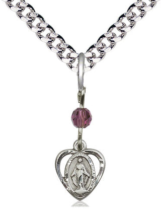 Pewter Miraculous Medal with an Amethyst bead Religious and Catholic Jewelry