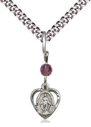 Pewter Miraculous Medal with an Amethyst bead Religious and Catholic Jewelry