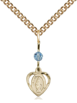 14kt Gold Miraculous Medal with an Aqua bead