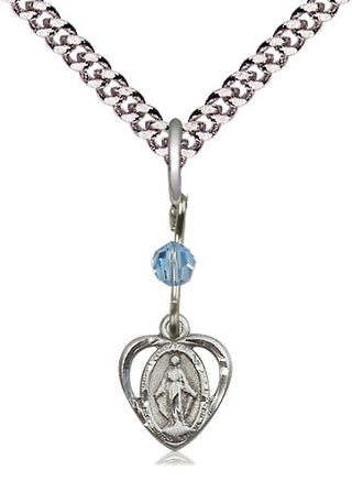 Pewter Miraculous Medal with an Aqua bead Religious and Catholic Jewelry