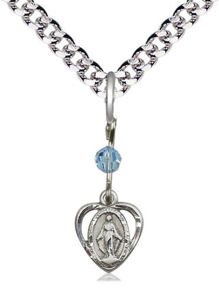 Pewter Miraculous Medal with an Aqua bead Religious and Catholic Jewelry