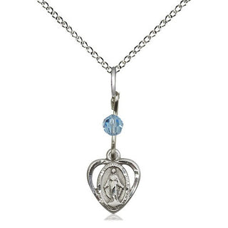 Sterling Silver Miraculous Medal with an Aqua bead Religious and Catholic Jewelry
