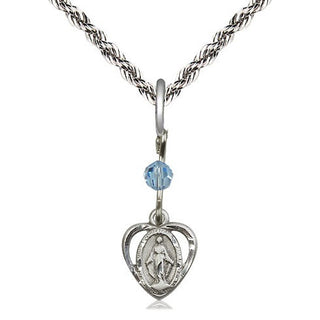 Sterling Silver Miraculous Medal with an Aqua bead Religious and Catholic Jewelry