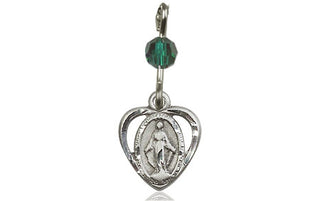 Pewter Miraculous Medal with a Emerald bead