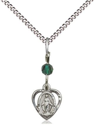 Pewter Miraculous Medal with Emerald bead Religious and Catholic Jewelry