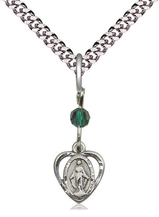 Pewter Miraculous Medal with Emerald bead Religious and Catholic Jewelry