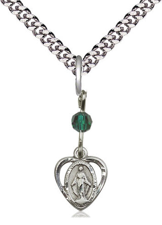 Pewter Miraculous Medal with Emerald bead Religious and Catholic Jewelry